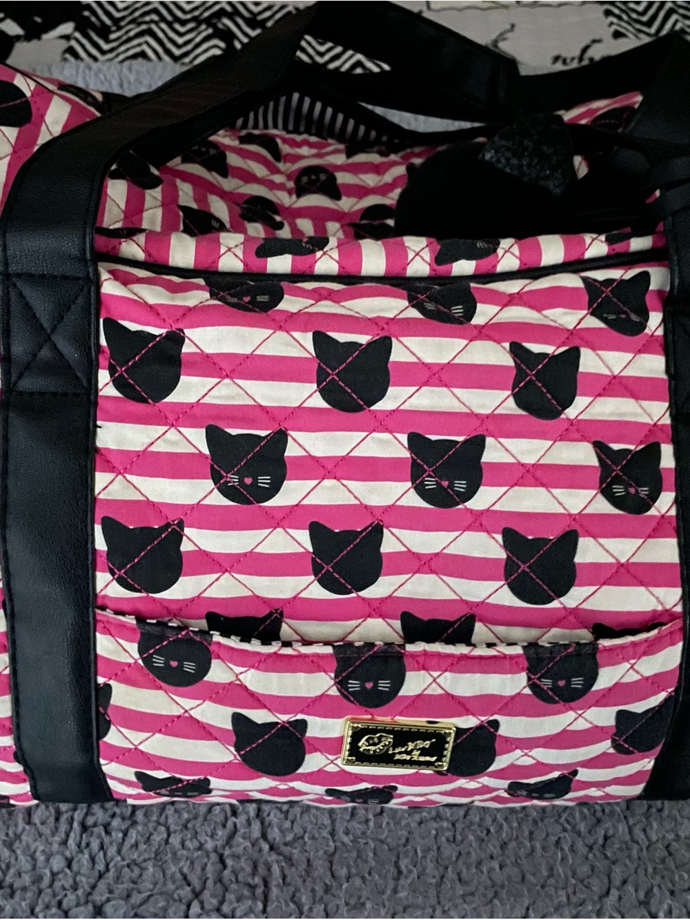 Betsey Johnson Quilted Cat Print Tote Bag in Pink and Black